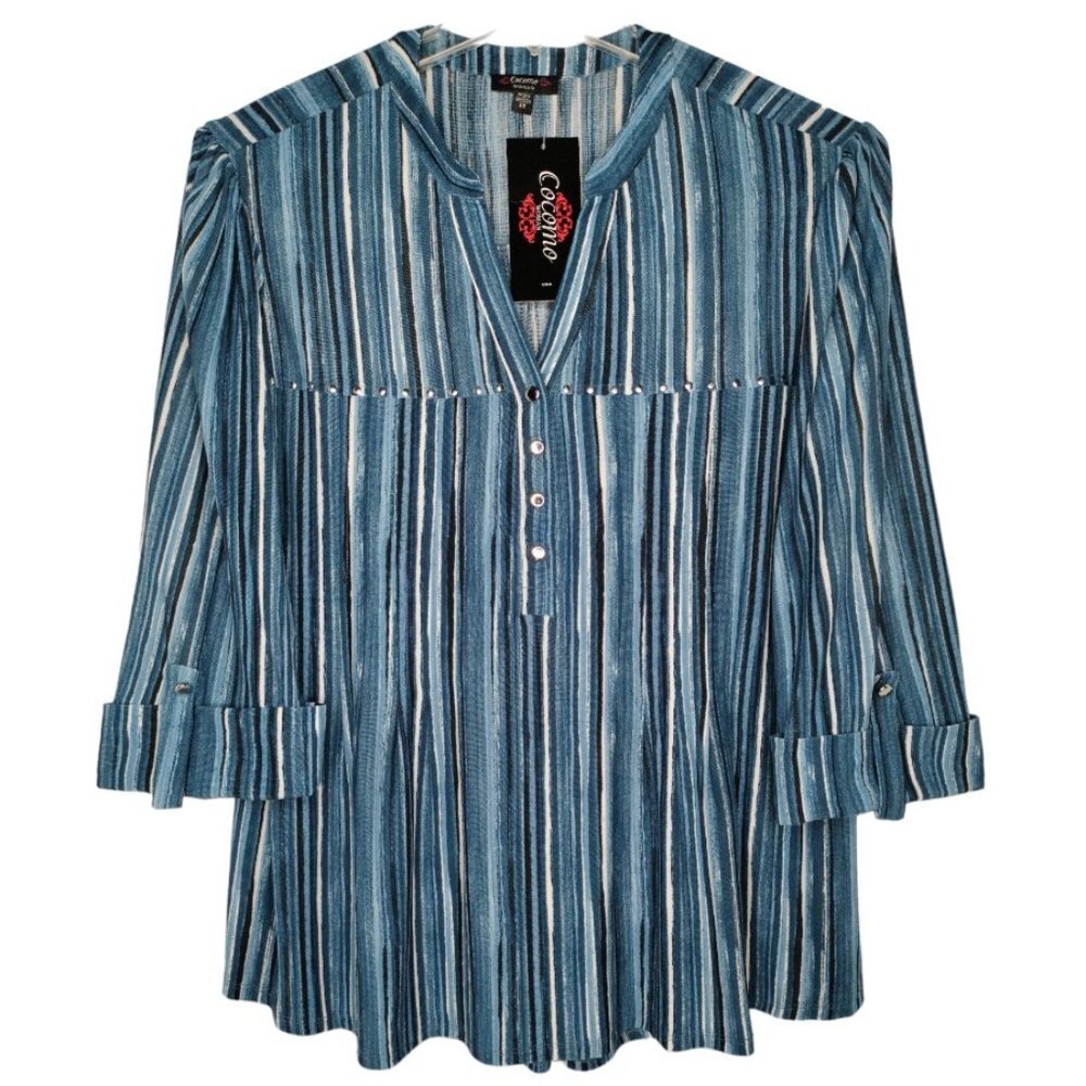 NWT Cocomo Plus Size 1X Blue Stripe Print Studded Pintuck 3/4 Sleeve Blouse Top - Picture 1 of 7